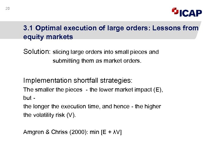 20 3. 1 Optimal execution of large orders: Lessons from equity markets Solution: slicing