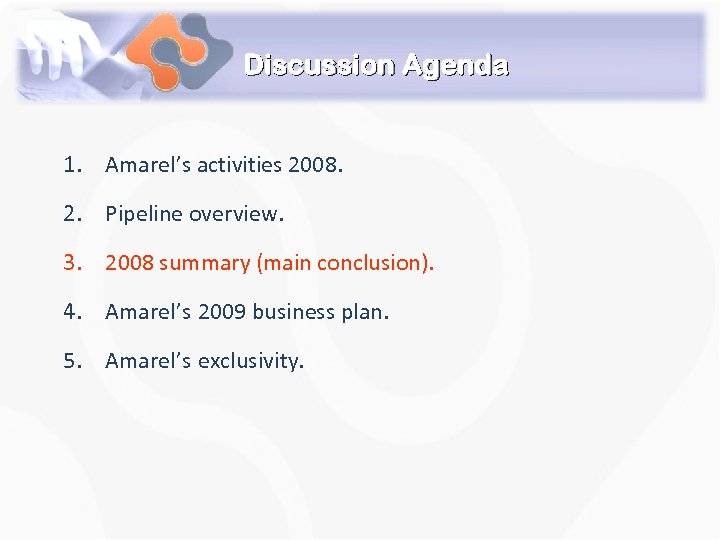 Discussion Agenda 1. Amarel’s activities 2008. 2. Pipeline overview. 3. 2008 summary (main conclusion).