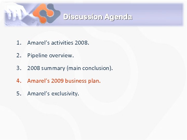 Discussion Agenda 1. Amarel’s activities 2008. 2. Pipeline overview. 3. 2008 summary (main conclusion).