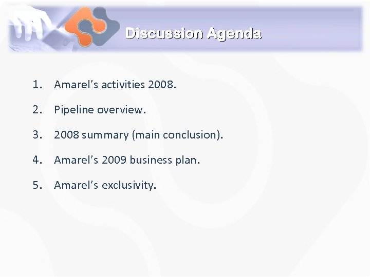 Discussion Agenda 1. Amarel’s activities 2008. 2. Pipeline overview. 3. 2008 summary (main conclusion).