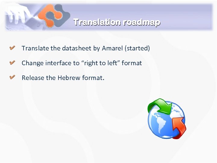 Translation roadmap Translate the datasheet by Amarel (started) Change interface to “right to left”