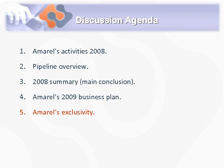 Discussion Agenda 1. Amarel’s activities 2008. 2. Pipeline overview. 3. 2008 summary (main conclusion).