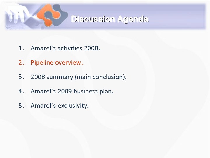 Discussion Agenda 1. Amarel’s activities 2008. 2. Pipeline overview. 3. 2008 summary (main conclusion).