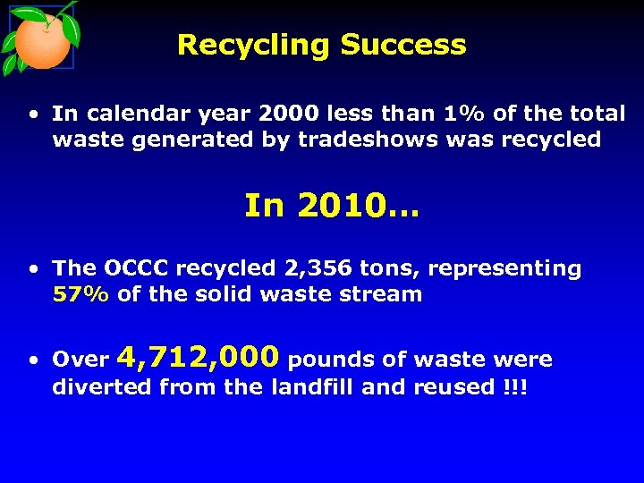 Recycling Success • In calendar year 2000 less than 1% of the total waste