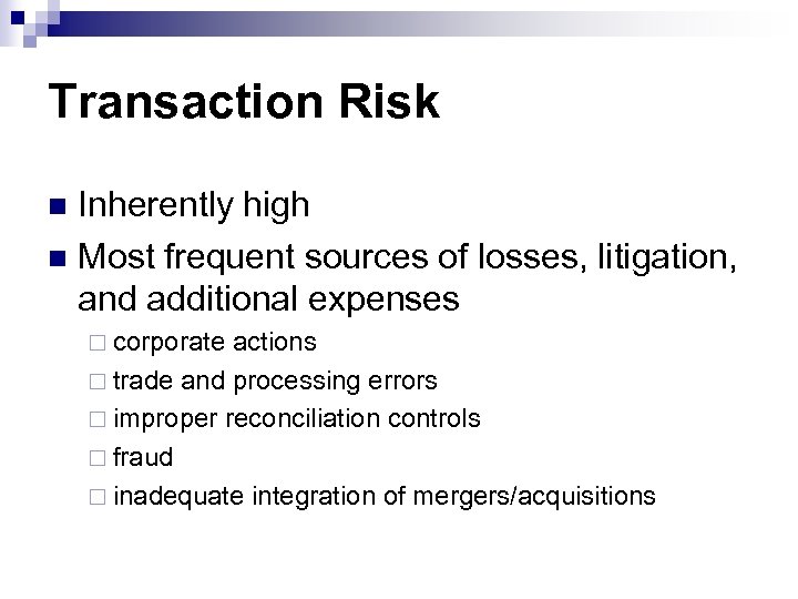 Transaction Risk Inherently high n Most frequent sources of losses, litigation, and additional expenses