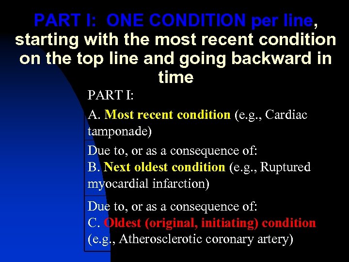 PART I: ONE CONDITION per line, starting with the most recent condition on the