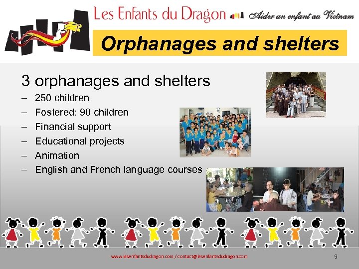 Orphanages and shelters 3 orphanages and shelters – – – 250 children Fostered: 90