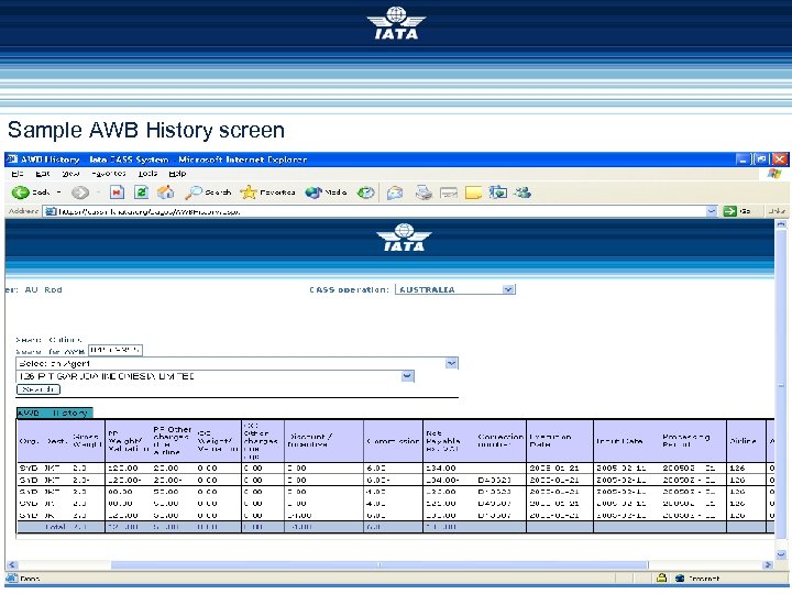 Sample AWB History screen 