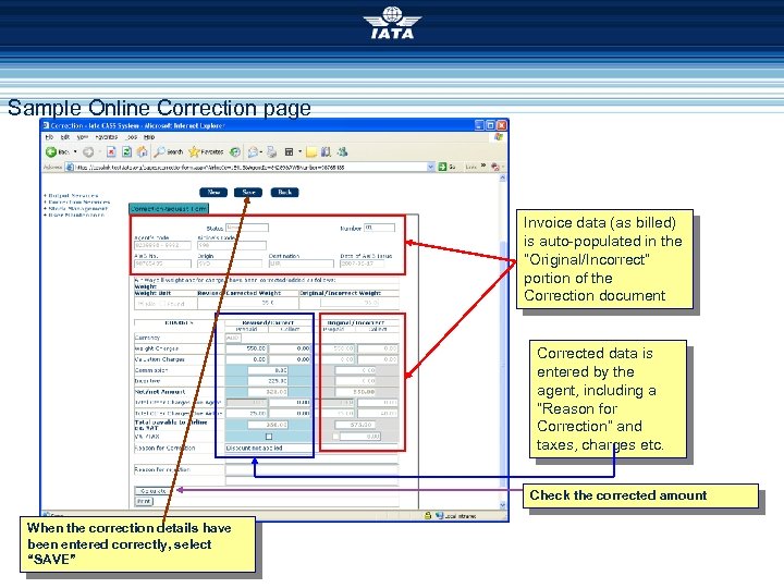 Sample Online Correction page Invoice data (as billed) is auto-populated in the “Original/Incorrect” portion