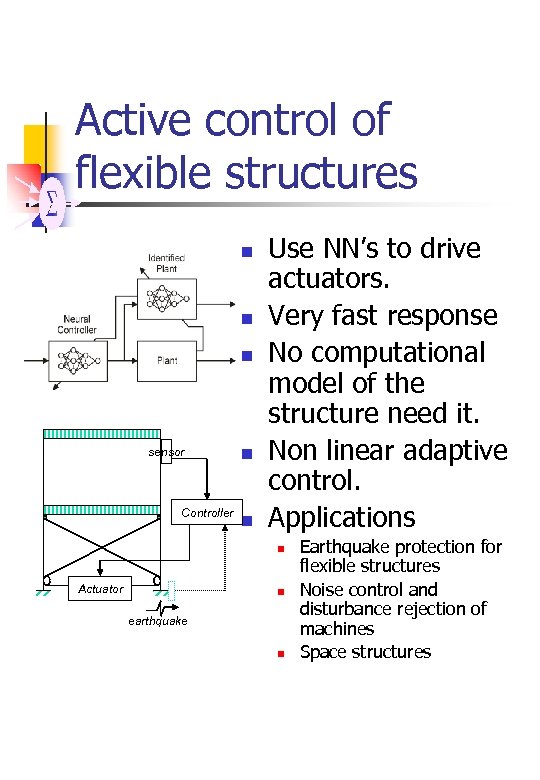 Active control of flexible structures n n n sensor Controller n n Use NN’s