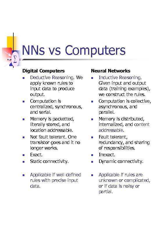 NNs vs Computers Digital Computers n Deductive Reasoning. We apply known rules to input