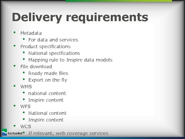 Delivery requirements • • • Metadata • For data and services Product specifications •