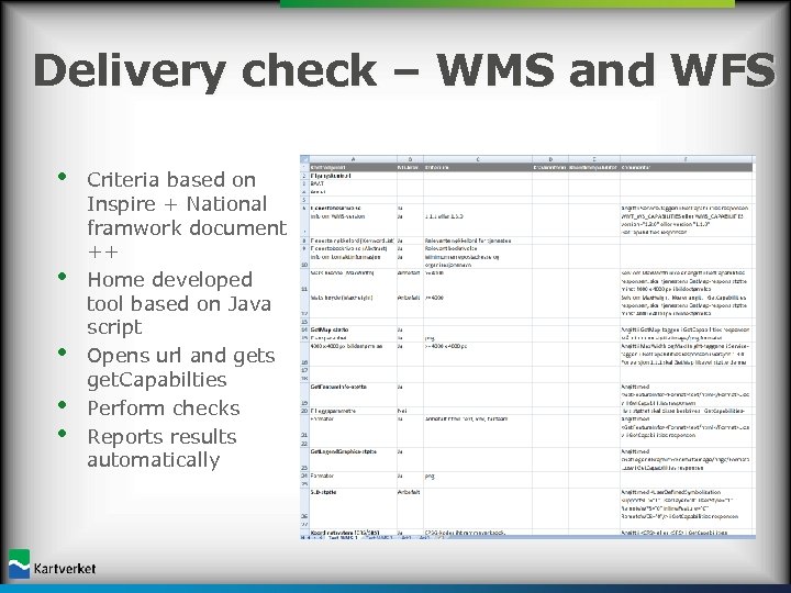 Delivery check – WMS and WFS • • • Criteria based on Inspire +