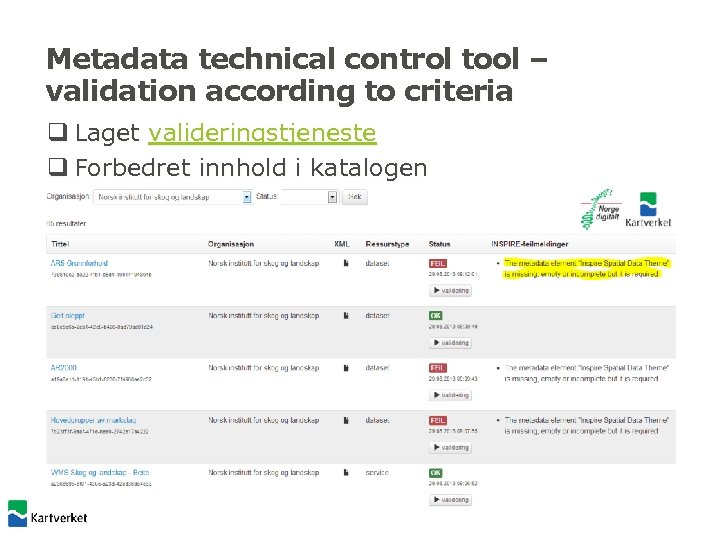 Metadata technical control tool – validation according to criteria q Laget valideringstjeneste q Forbedret