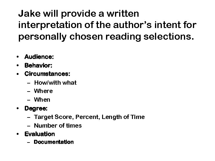 Jake will provide a written interpretation of the author’s intent for personally chosen reading