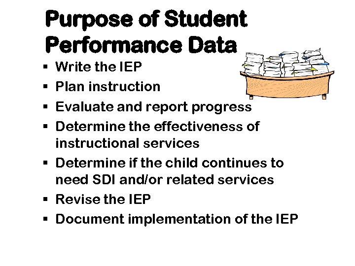 Purpose of Student Performance Data Write the IEP Plan instruction Evaluate and report progress