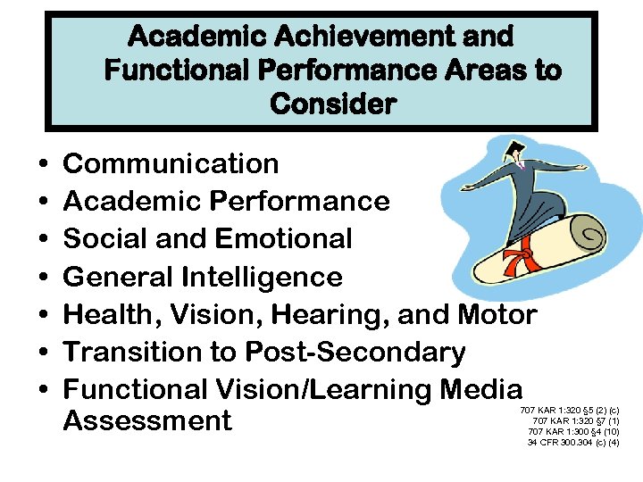 Academic Achievement and Functional Performance Areas to Consider • • Communication Academic Performance Social