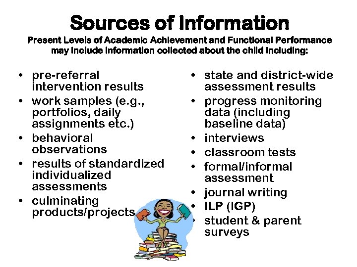 Sources of Information Present Levels of Academic Achievement and Functional Performance may include information