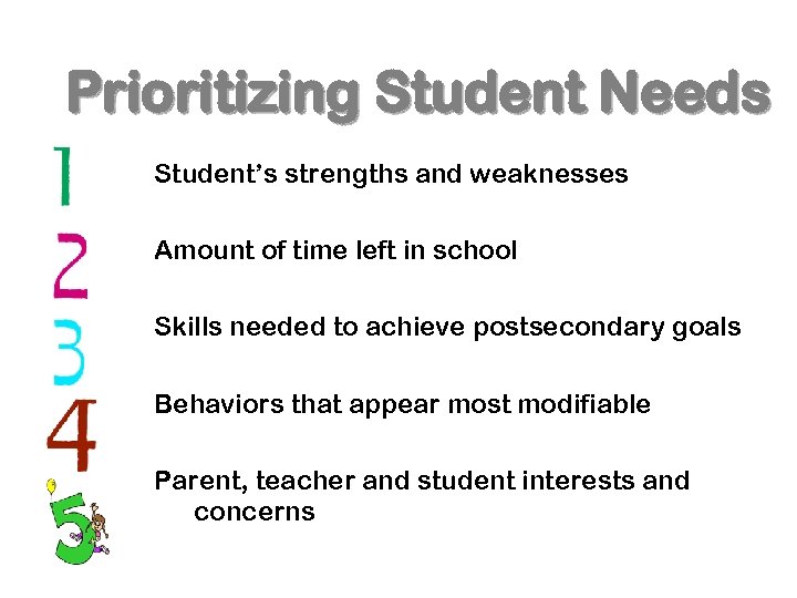 Prioritizing Student Needs Student’s strengths and weaknesses Amount of time left in school Skills
