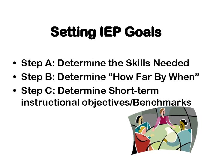 Setting IEP Goals • Step A: Determine the Skills Needed • Step B: Determine