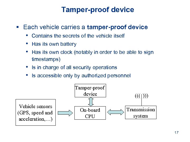 Tamper-proof device § Each vehicle carries a tamper-proof device • Contains the secrets of