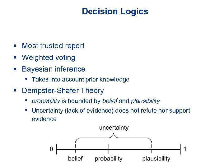 Decision Logics § Most trusted report § Weighted voting § Bayesian inference • Takes