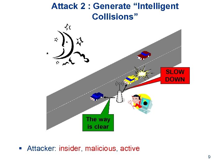 Attack 2 : Generate “Intelligent Collisions” SLOW DOWN The way is clear § Attacker: