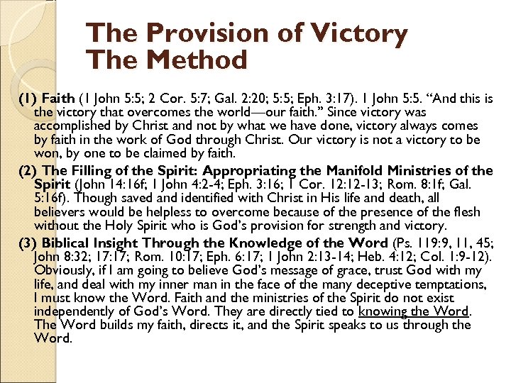 The Provision of Victory The Method (1) Faith (1 John 5: 5; 2 Cor.