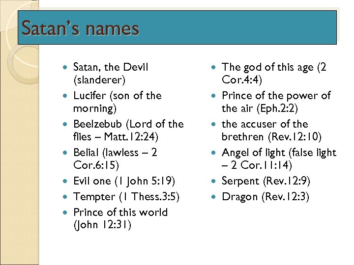Satan’s names Satan, the Devil (slanderer) Lucifer (son of the morning) Beelzebub (Lord of