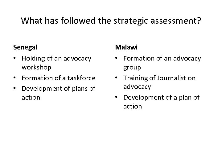 What has followed the strategic assessment? Senegal Malawi • Holding of an advocacy workshop