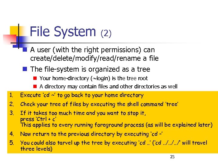 File System (2) A user (with the right permissions) can create/delete/modify/read/rename a file The