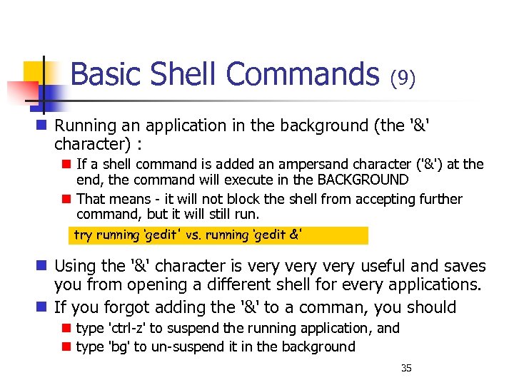 Basic Shell Commands (9) Running an application in the background (the '&' character) :