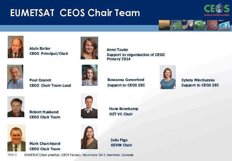 EUMETSAT CEOS Chair Team Alain Ratier CEOS Principal/Chair Anne Taube Support to organisation of