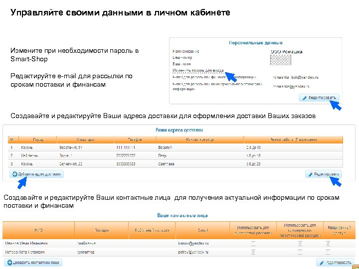 Управляйте своими данными в личном кабинете Измените при необходимости пароль в Smart-Shop Редактируйте e-mail