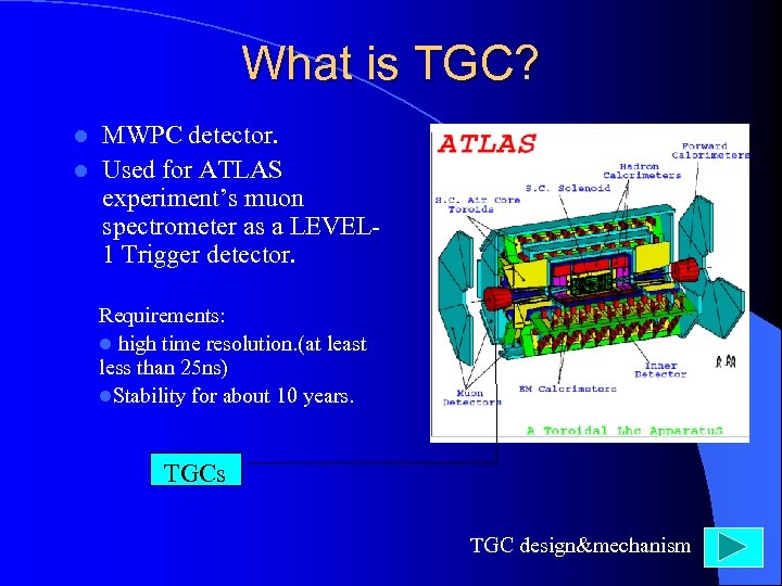 What is TGC? MWPC detector. l Used for ATLAS experiment’s muon spectrometer as a