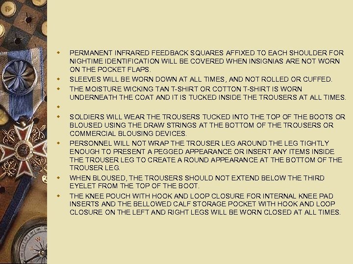 w w w w PERMANENT INFRARED FEEDBACK SQUARES AFFIXED TO EACH SHOULDER FOR NIGHTIME