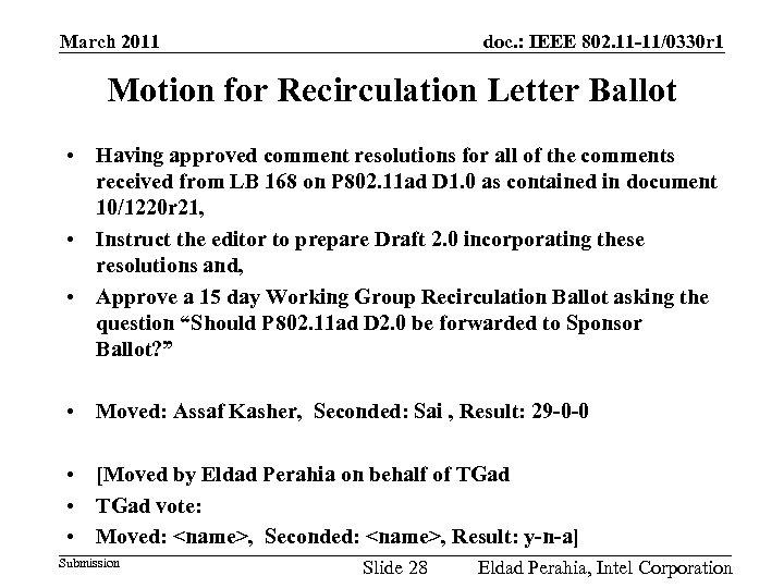 doc. : IEEE 802. 11 -11/0330 r 1 March 2011 Motion for Recirculation Letter