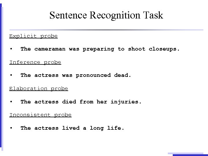 Sentence Recognition Task Explicit probe • The cameraman was preparing to shoot closeups. Inference