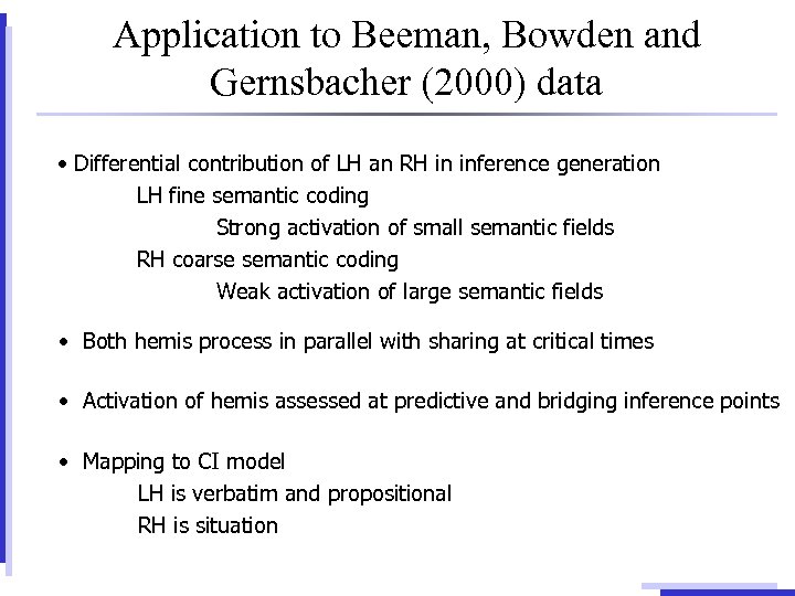 Application to Beeman, Bowden and Gernsbacher (2000) data • Differential contribution of LH an