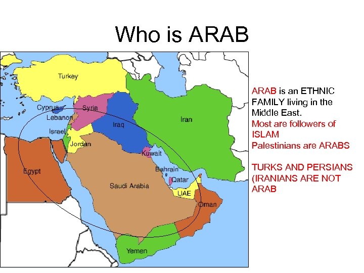 Who is ARAB is an ETHNIC FAMILY living in the Middle East. Most are