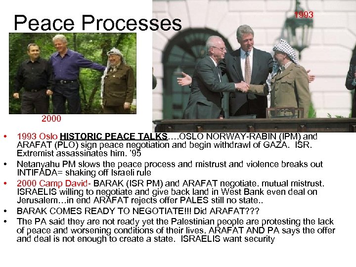 Peace Processes 1993 2000 • • • 1993 Oslo HISTORIC PEACE TALKS…. OSLO NORWAY-RABIN