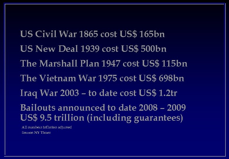 US Civil War 1865 cost US$ 165 bn US New Deal 1939 cost US$