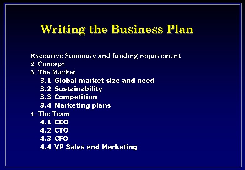 Writing the Business Plan Executive Summary and funding requirement 2. Concept 3. The Market
