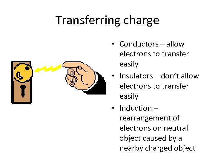 Transferring charge • Conductors – allow electrons to transfer easily • Insulators – don’t