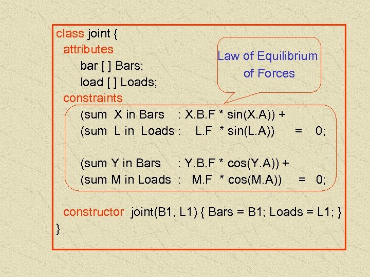 class joint { attributes Law of Equilibrium bar [ ] Bars; of Forces load
