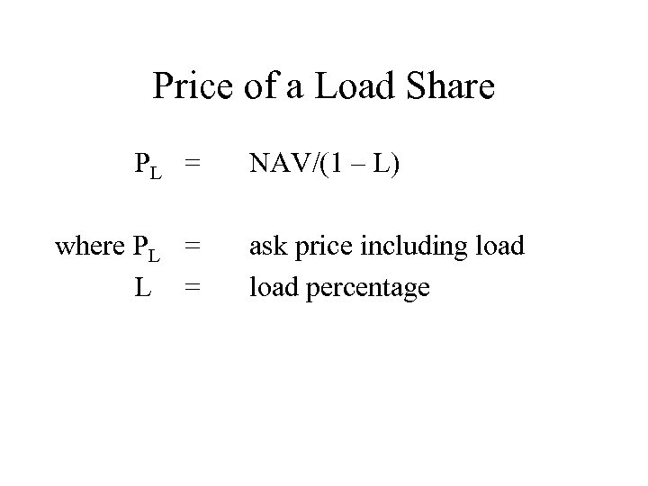 Price of a Load Share PL = where PL = NAV/(1 – L) ask