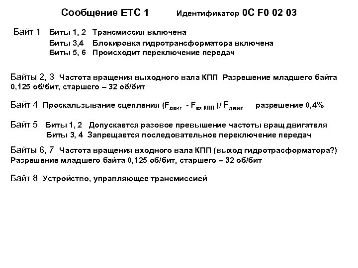 Сообщение ЕТС 1 Идентификатор 0 С F 0 02 03 Байт 1 Биты 1,