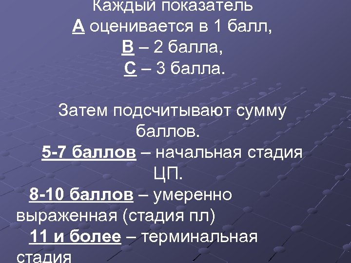 Каждый показатель А оценивается в 1 балл, В – 2 балла, С – 3