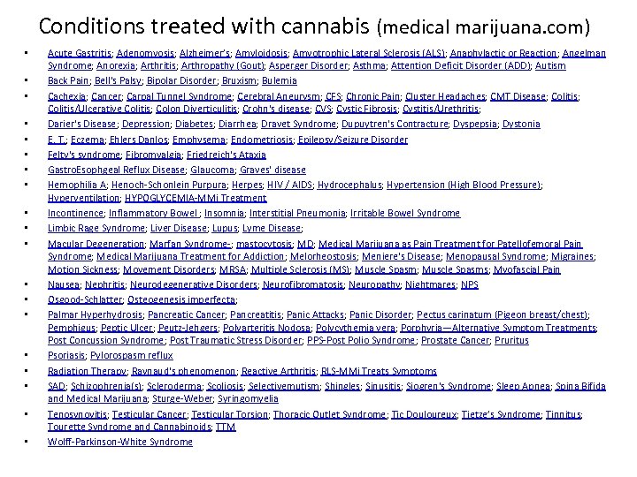 Conditions treated with cannabis (medical marijuana. com) • • • • • Acute Gastritis;
