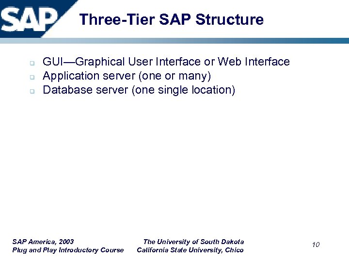 Three-Tier SAP Structure q q q GUI—Graphical User Interface or Web Interface Application server